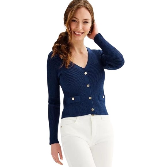 Draper James Sweater Cardigan Navy Blue Long Sleeve Button Up V Neck Rib Knit XS - Picture 2 of 8